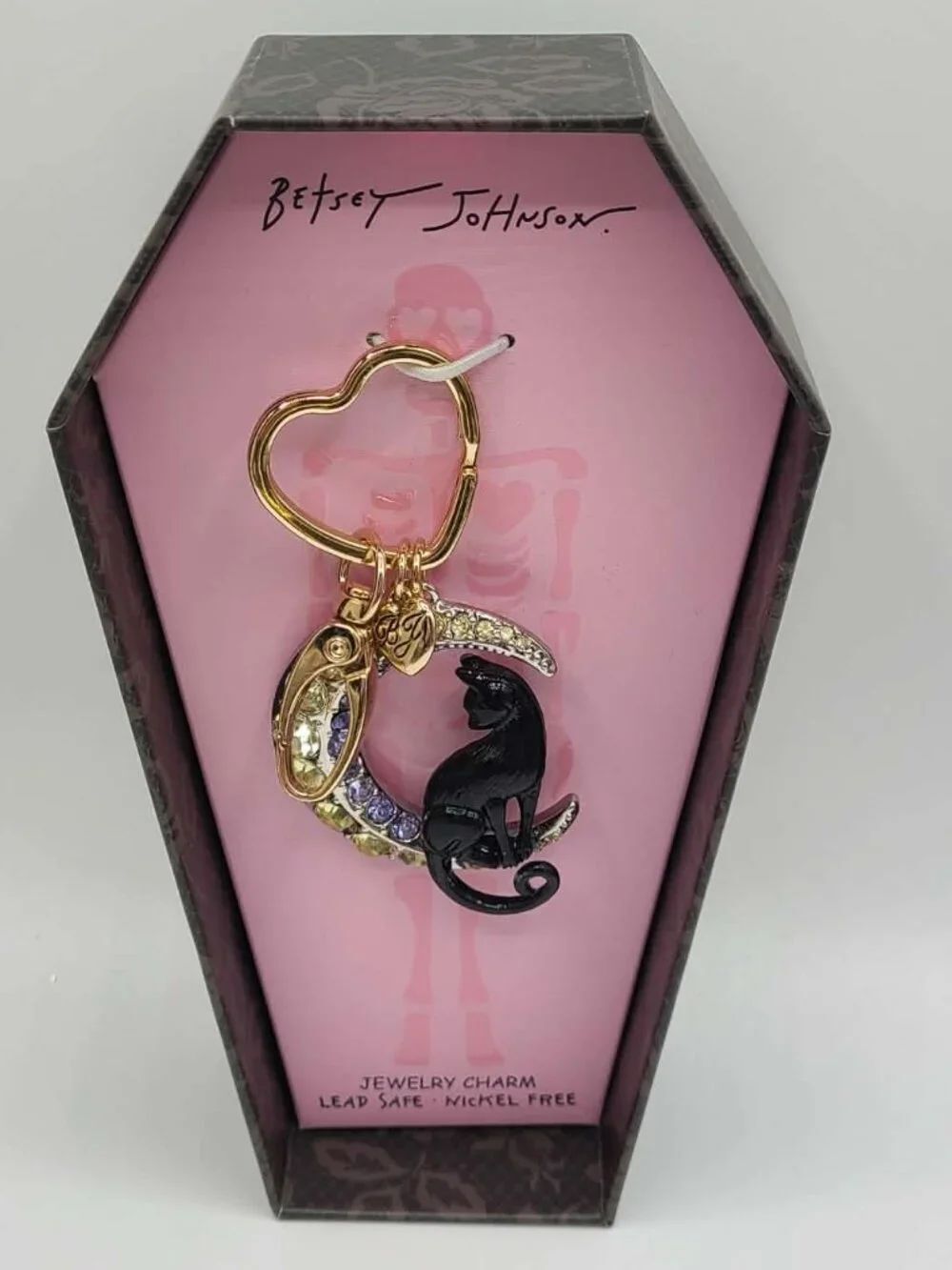 Betsey Johnson Black Cat Crescent Moon Keychain NEW in BOX